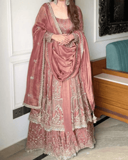 Silk Embroidered Indian Anarkali Gown with Dupatta 2