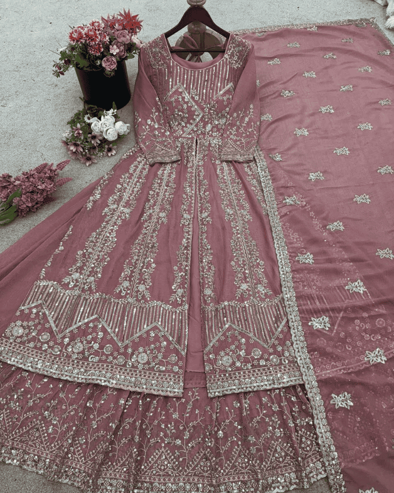 Silk Embroidered Indian Anarkali Gown with Dupatta