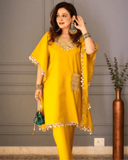 Embroidered Devsena Satin Kaftan Dress – Lace & Real Mirror Work 5