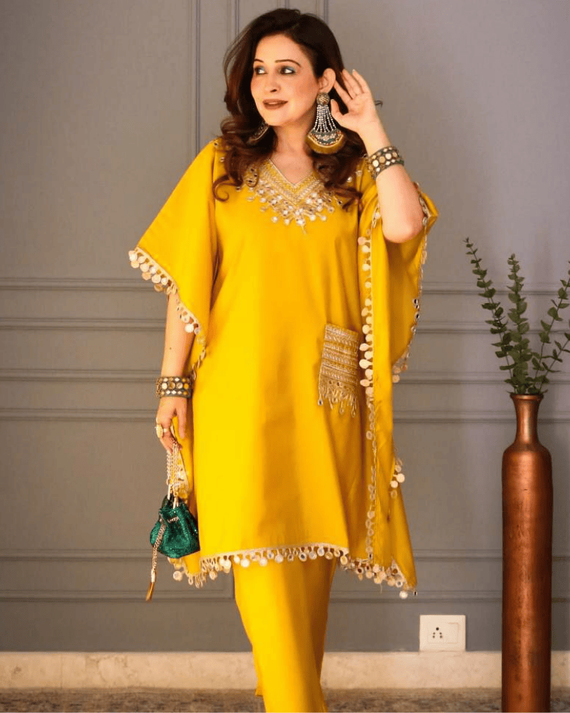 Embroidered Devsena Satin Kaftan Dress – Lace & Real Mirror Work