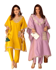 Embroidered Devsena Satin Kaftan Dress – Lace & Real Mirror Work 1