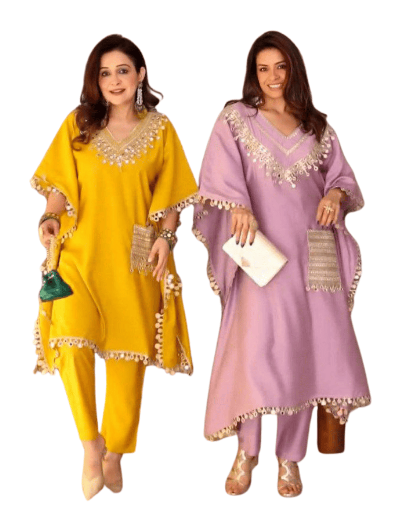 Embroidered Devsena Satin Kaftan Dress – Lace & Real Mirror Work
