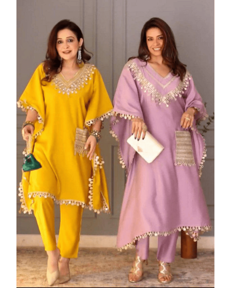 Embroidered Devsena Satin Kaftan Dress – Lace & Real Mirror Work