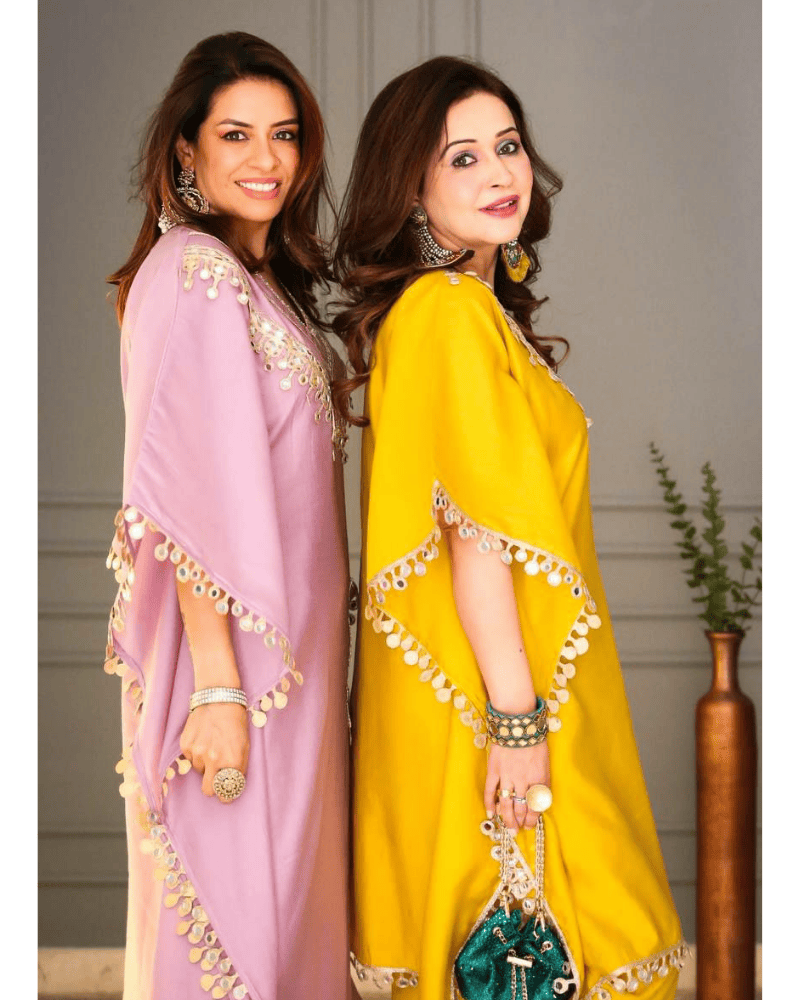 Embroidered Devsena Satin Kaftan Dress – Lace & Real Mirror Work