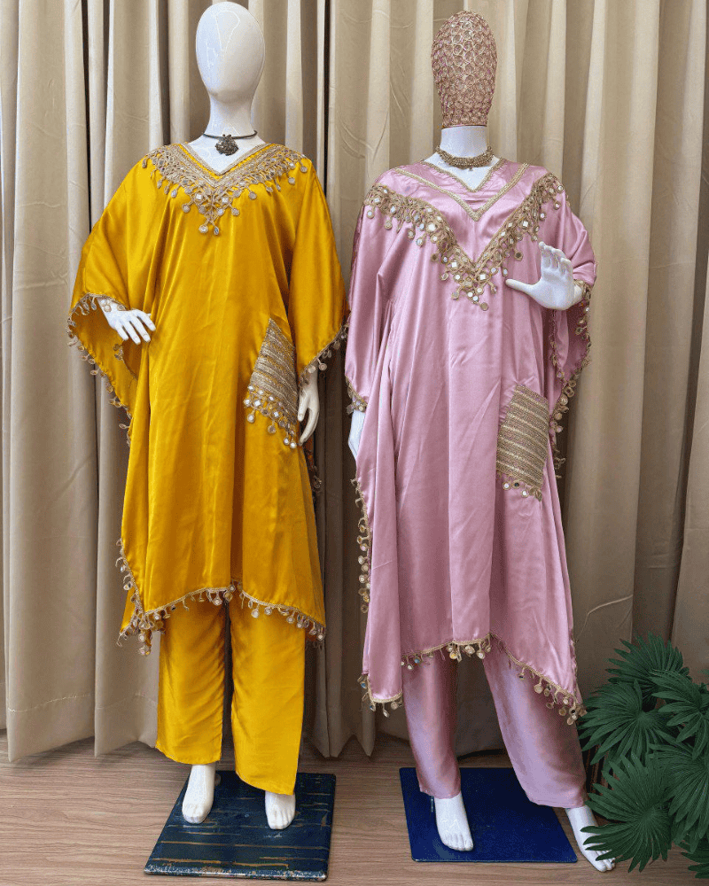 Embroidered Devsena Satin Kaftan Dress – Lace & Real Mirror Work