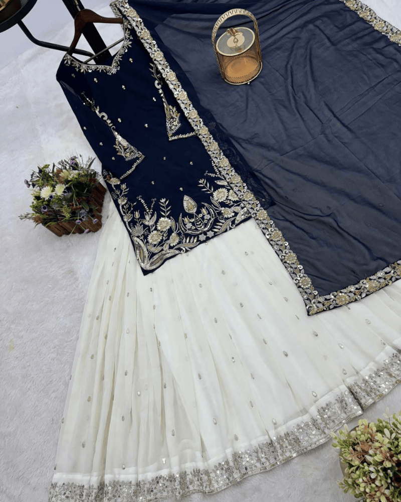 Heavy Faux Georgette Gharara Dress – Embroidered Kurti, Lahenga & Dupatta