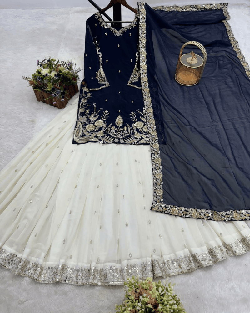 Heavy Faux Georgette Gharara Dress – Embroidered Kurti, Lahenga & Dupatta