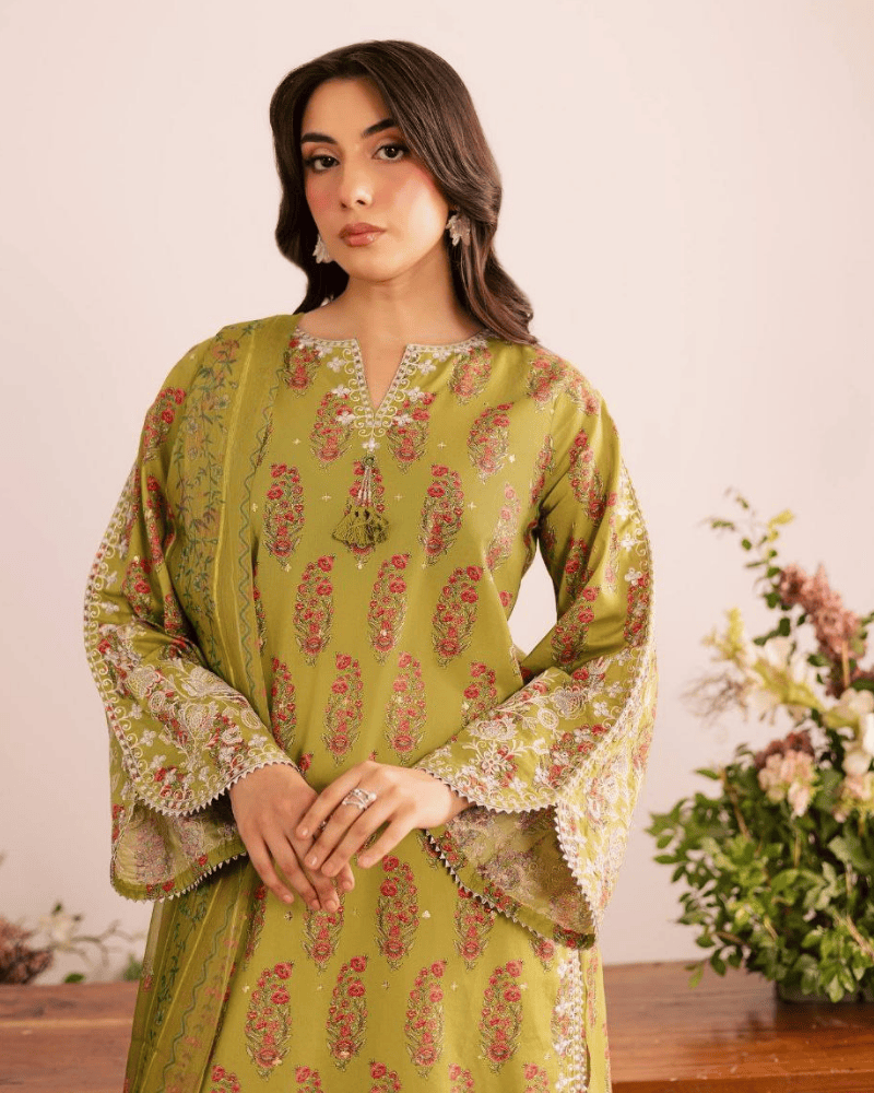 Embroidered Heavy French Crepe Farshi Salwar Suit – Digital Print Dupatta