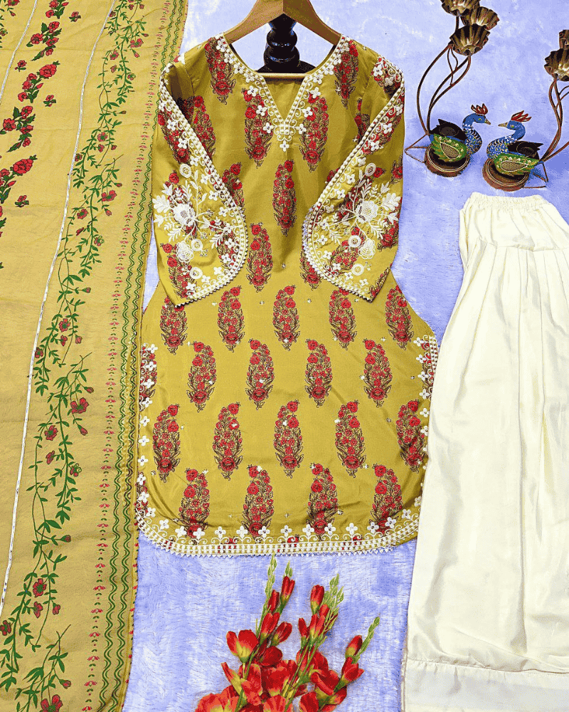 Embroidered Heavy French Crepe Farshi Salwar Suit – Digital Print Dupatta