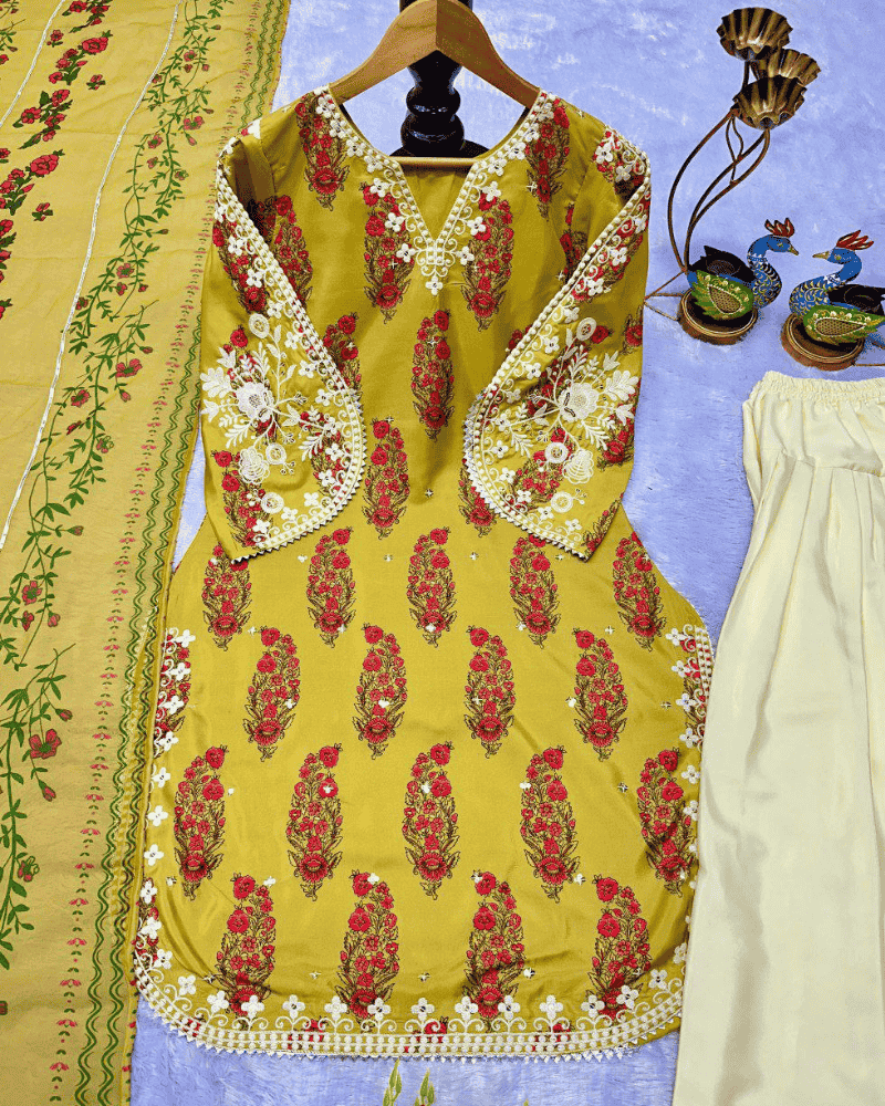 Embroidered Heavy French Crepe Farshi Salwar Suit – Digital Print Dupatta