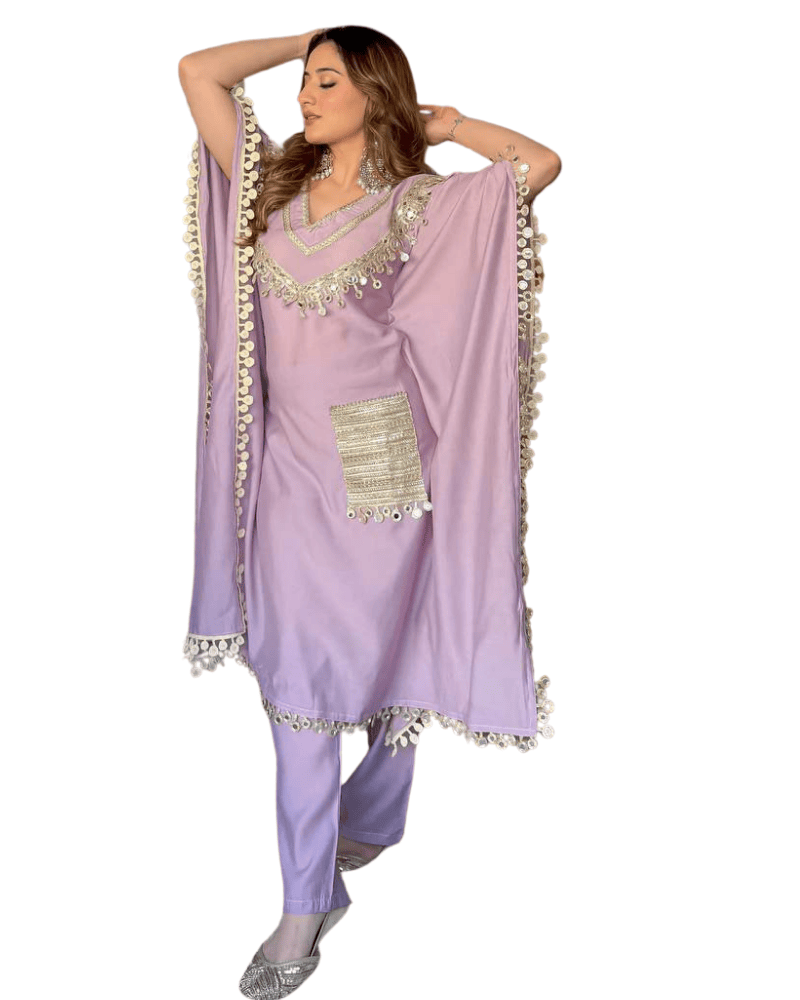 Devsena Satin Kaftan Dress – Embroidered Lace & Real Mirror Work