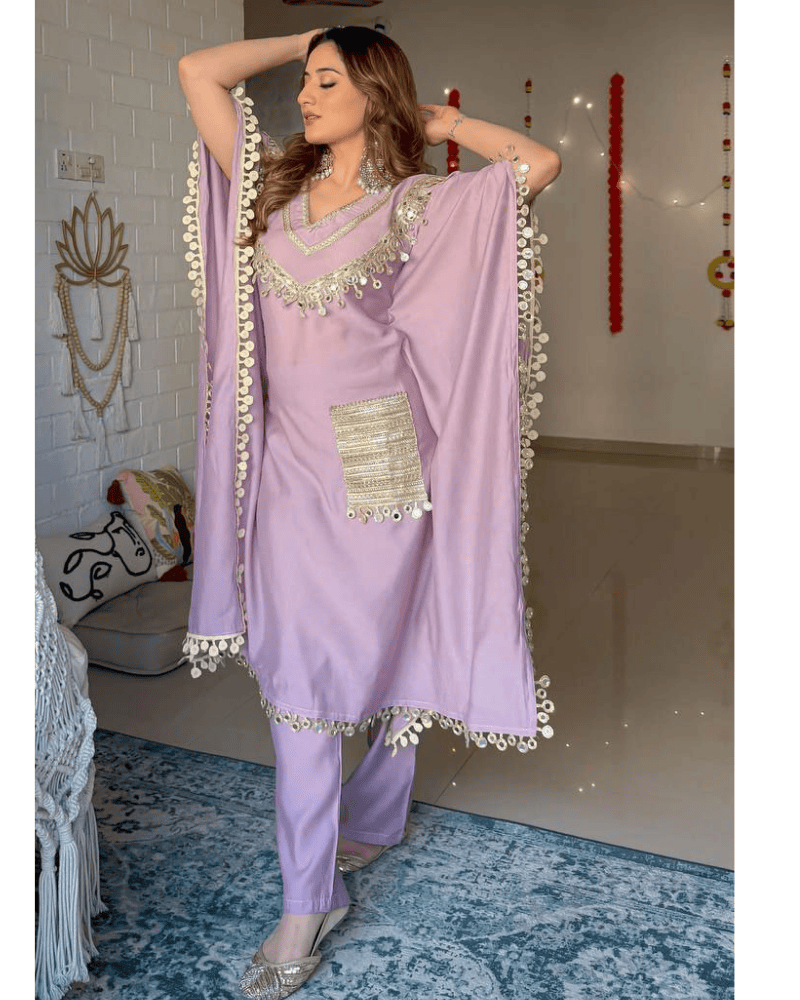 Devsena Satin Kaftan Dress – Embroidered Lace & Real Mirror Work