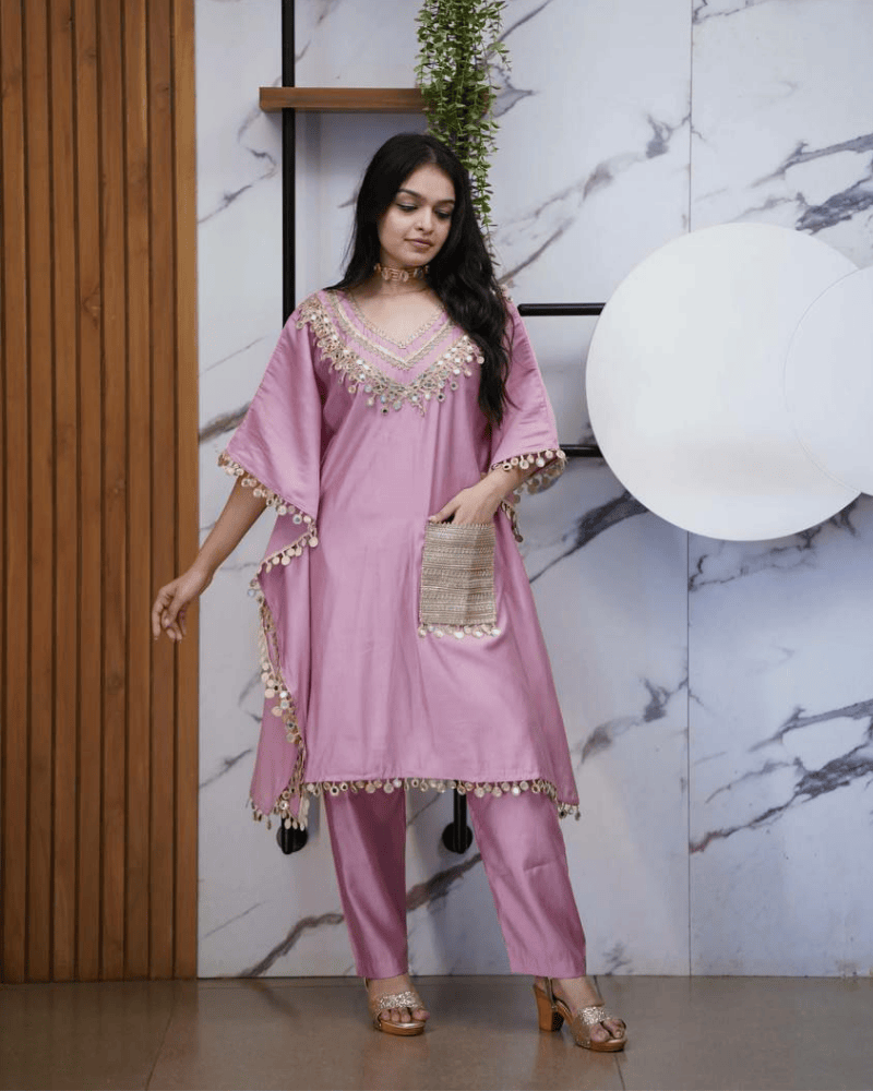 Devsena Satin Kaftan Dress – Embroidered Lace & Real Mirror Work