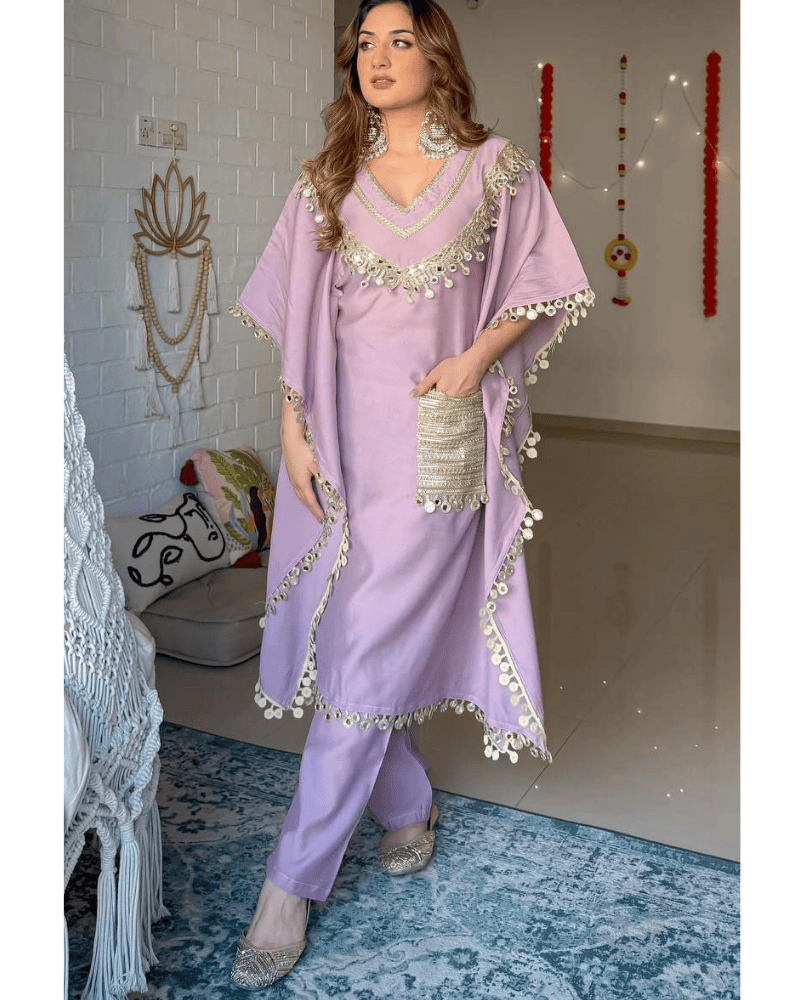Devsena Satin Kaftan Dress – Embroidered Lace & Real Mirror Work