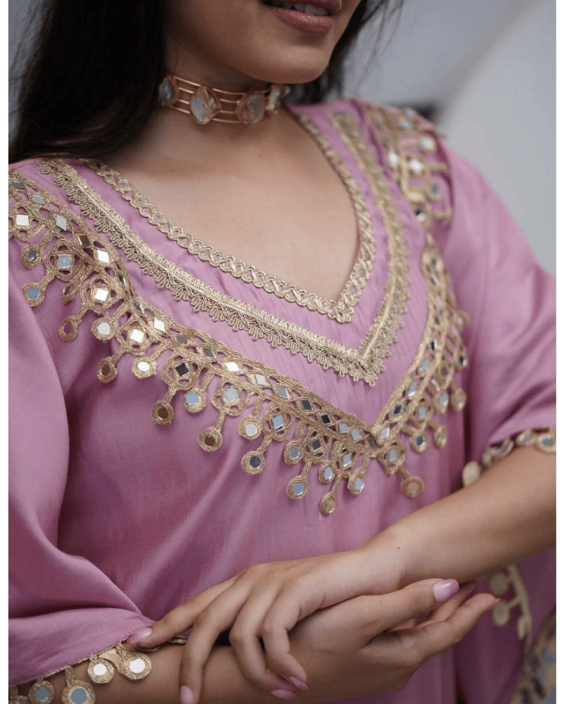 Devsena Satin Kaftan Dress – Embroidered Lace & Real Mirror Work