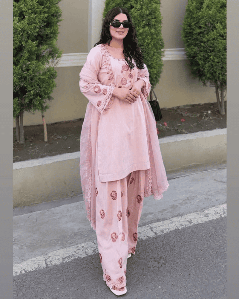 Pure Crepe Embroidered Farshi Salwar Suit Set