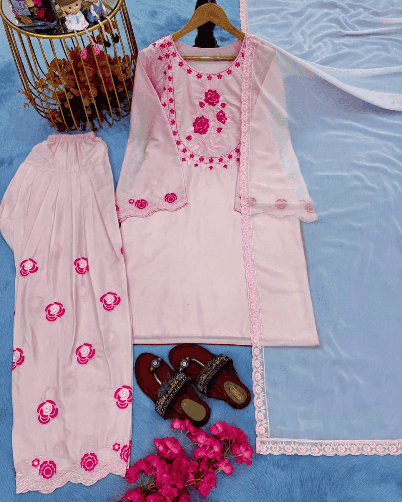 Pure Crepe Embroidered Farshi Salwar Suit Set