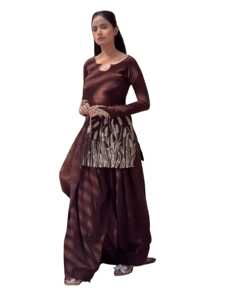 Faux Georgette Farshi Salwar Suit – Organza Dupatta