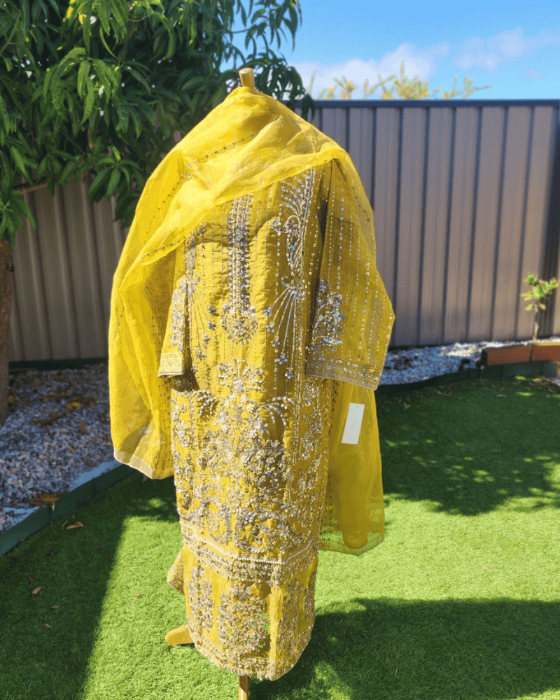 Lemon Yellow Pakistani Salwar Suit – Embroidered Organza with Silk Dupatta