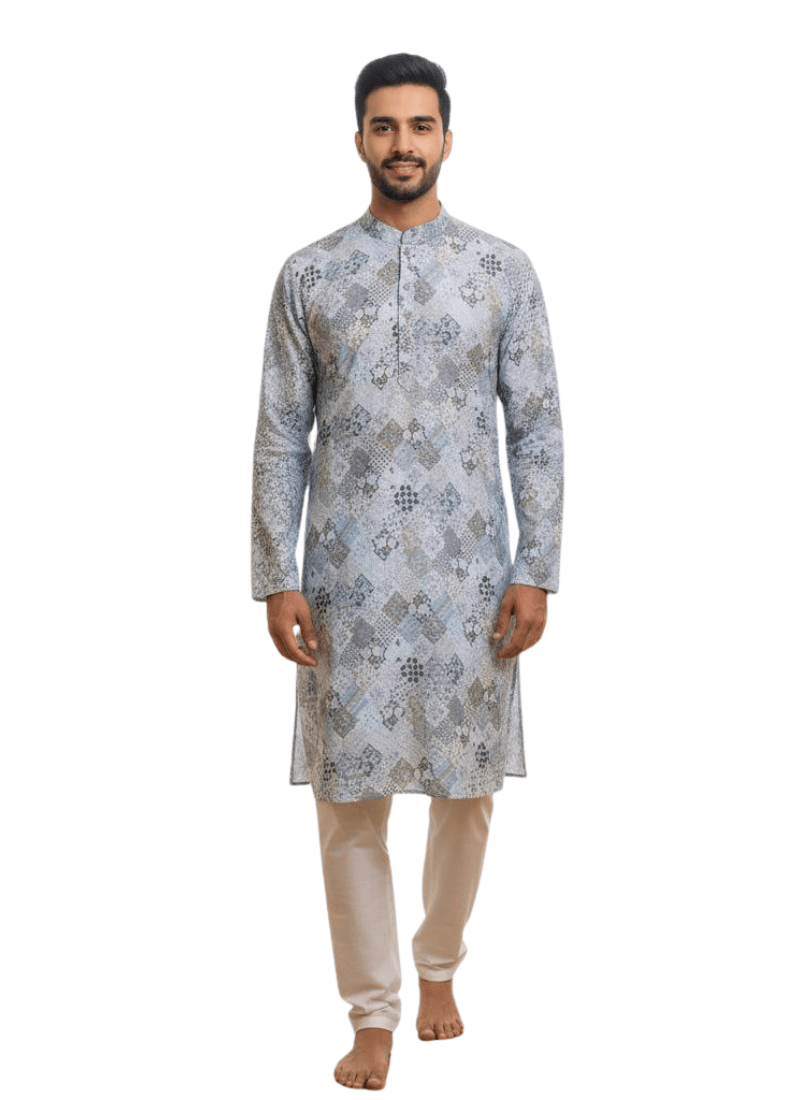 Light Blue Linen Cotton Men’s Kurta with Embroidery