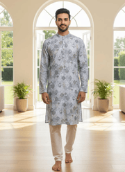 Light Blue Linen Cotton Men’s Kurta with Embroidery 4