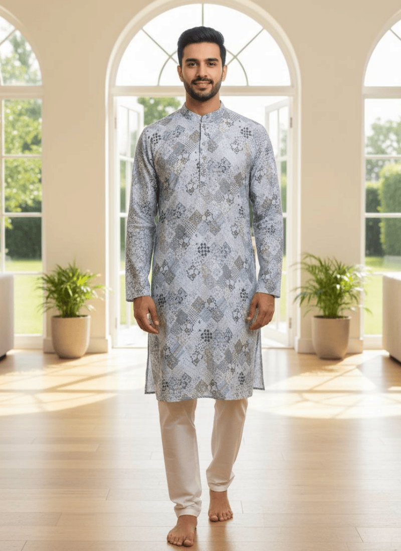 Light Blue Linen Cotton Men’s Kurta with Embroidery