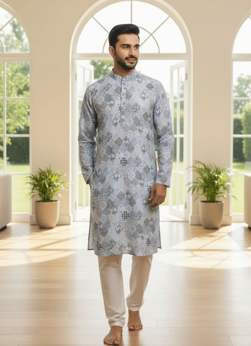 Light Blue Linen Cotton Men’s Kurta with Embroidery