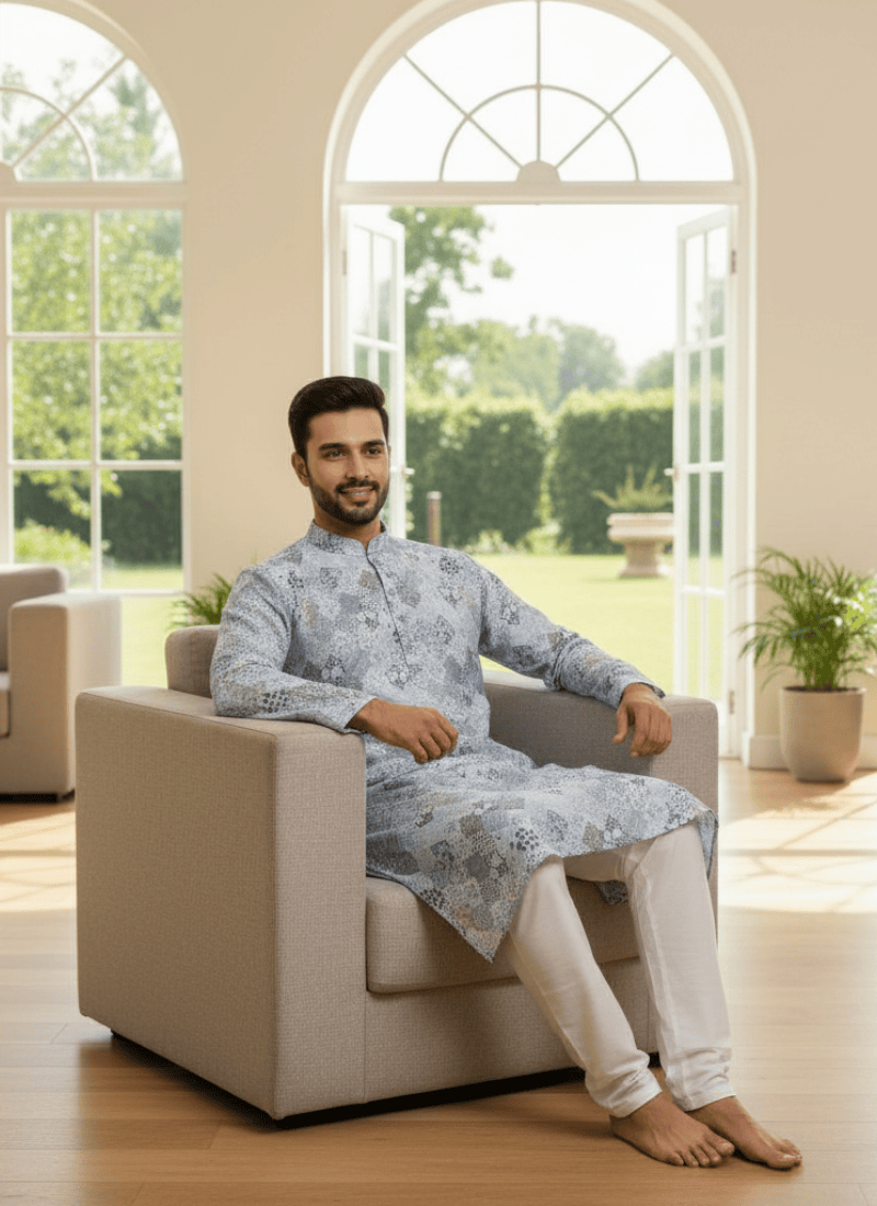 Light Blue Linen Cotton Men’s Kurta with Embroidery