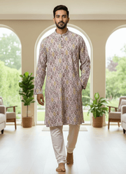 Linen Cotton Men’s Kurta with Diamond Print & Multi-color Thread Work 2