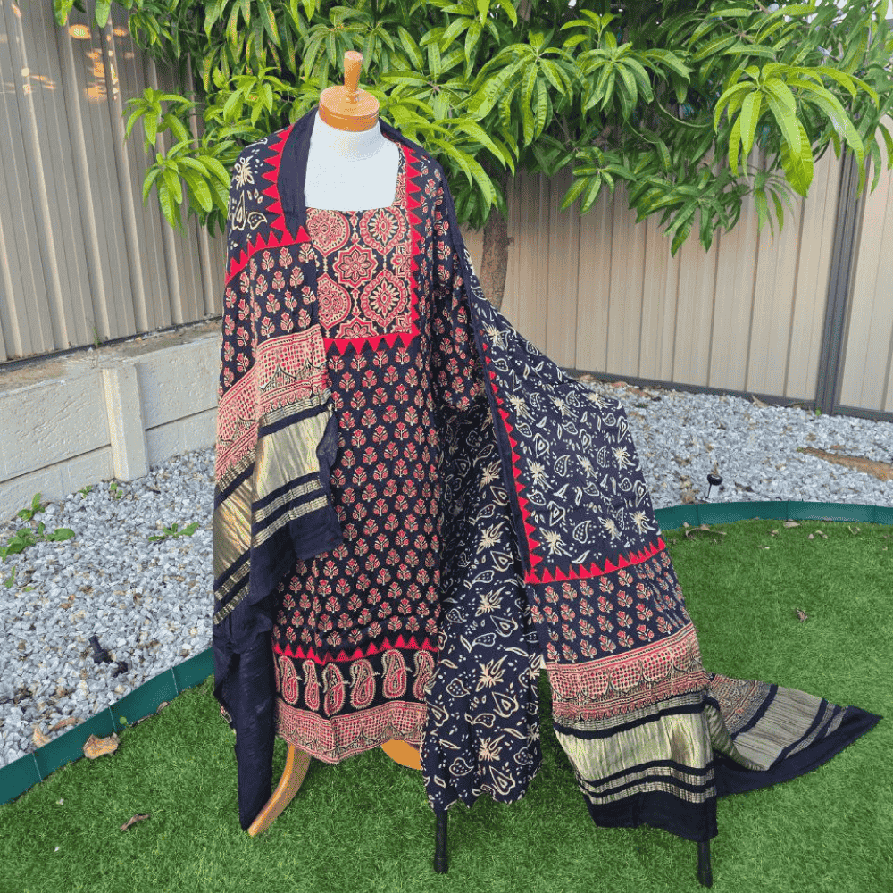 Green Ajrak Salwar Suit – Pure Modal Fabric with Jari Border Dupatta