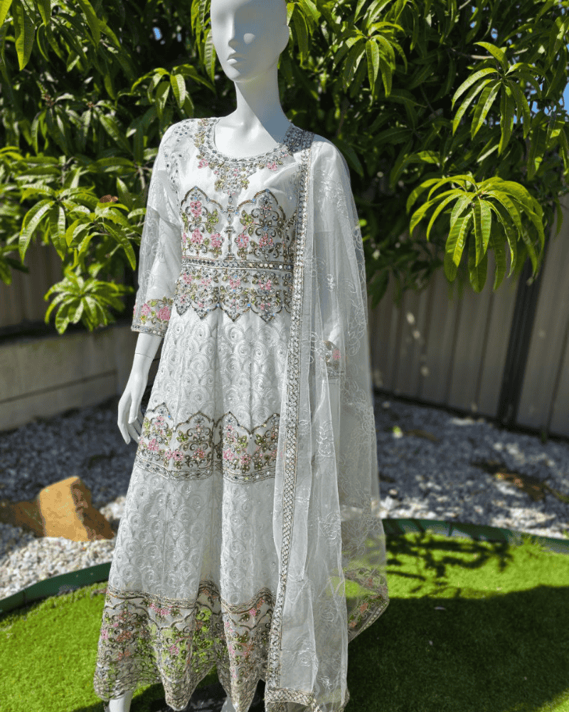 Elegant White Pakistani Anarkali Suit with Dupatta