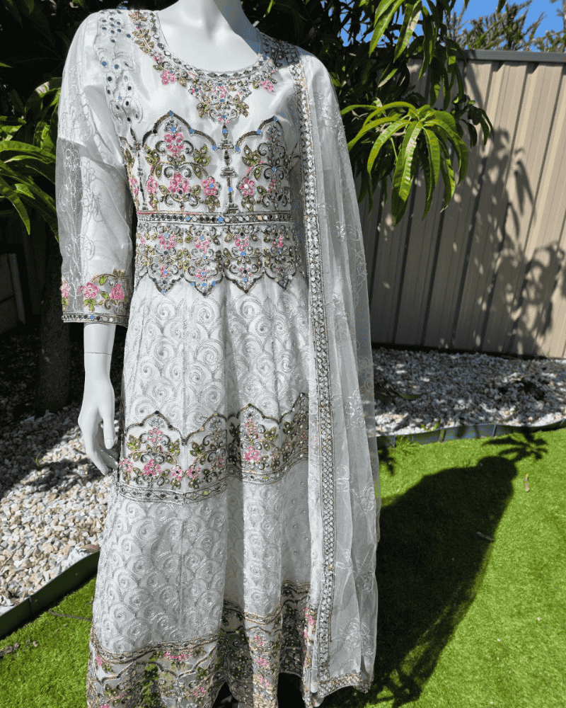 Elegant White Pakistani Anarkali Suit with Dupatta