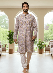 Linen Cotton Men’s Kurta with Diamond Print & Multi-color Thread Work 3
