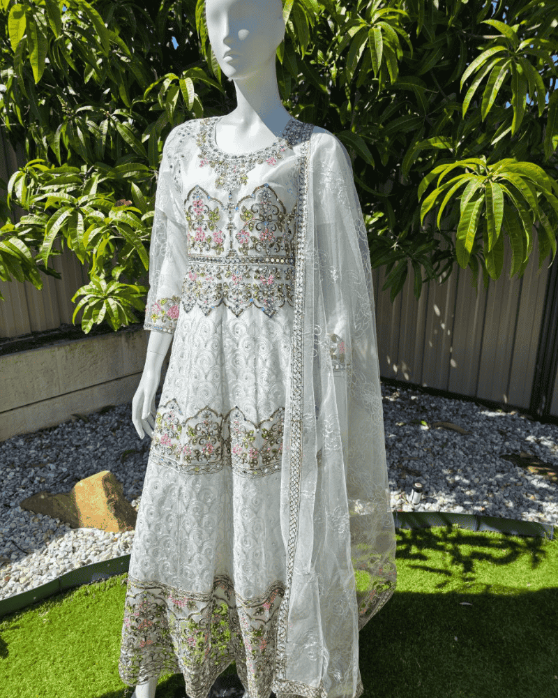 Elegant White Pakistani Anarkali Suit with Dupatta