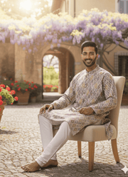 Linen Cotton Men’s Kurta with Diamond Print & Multi-color Thread Work 4