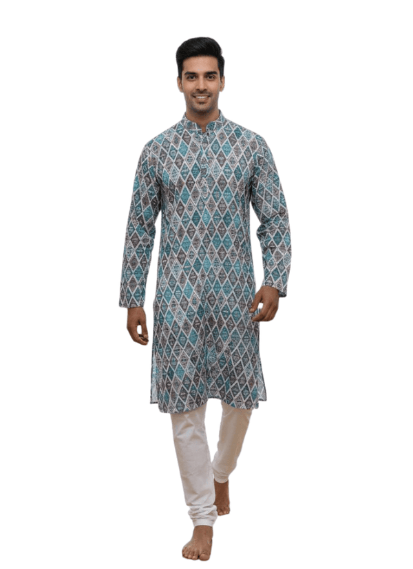 Linen Cotton Men’s Kurta with Multicolor Thread Work Diamond Print Australia