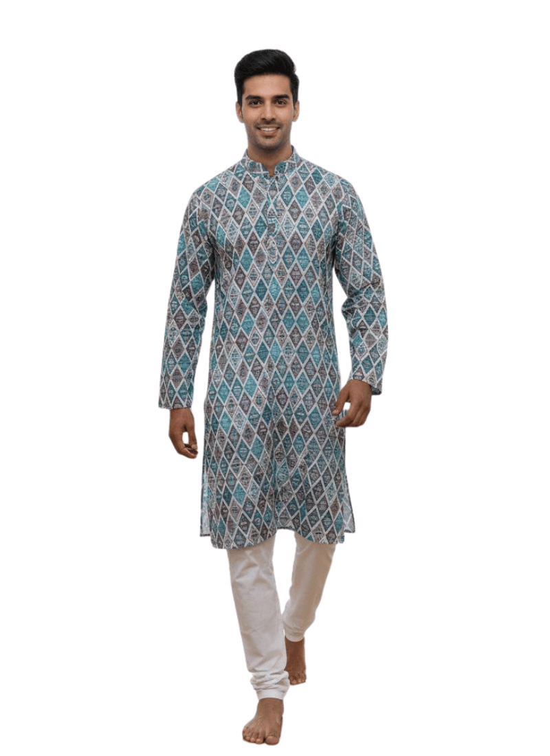 Linen Cotton Men’s Kurta with Multicolor Thread Work Diamond Print Australia