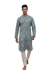 Linen Cotton Men’s Kurta with Multicolor Thread Work Diamond Print 1