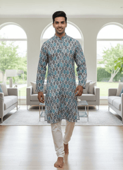 Linen Cotton Men’s Kurta with Multicolor Thread Work Diamond Print 3