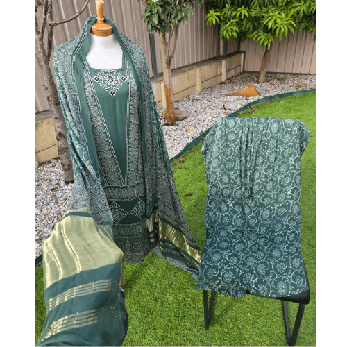 Green Ajrak Salwar Kameez – Pure Modal Fabric with Jari Border Dupatta