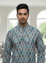 Linen Cotton Men’s Kurta with Multicolor Thread Work Diamond Print 4