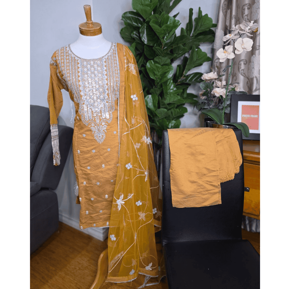 Ochre Pakistani Salwar Suit – Cotton with Silver Embroidery & Net Dupatta