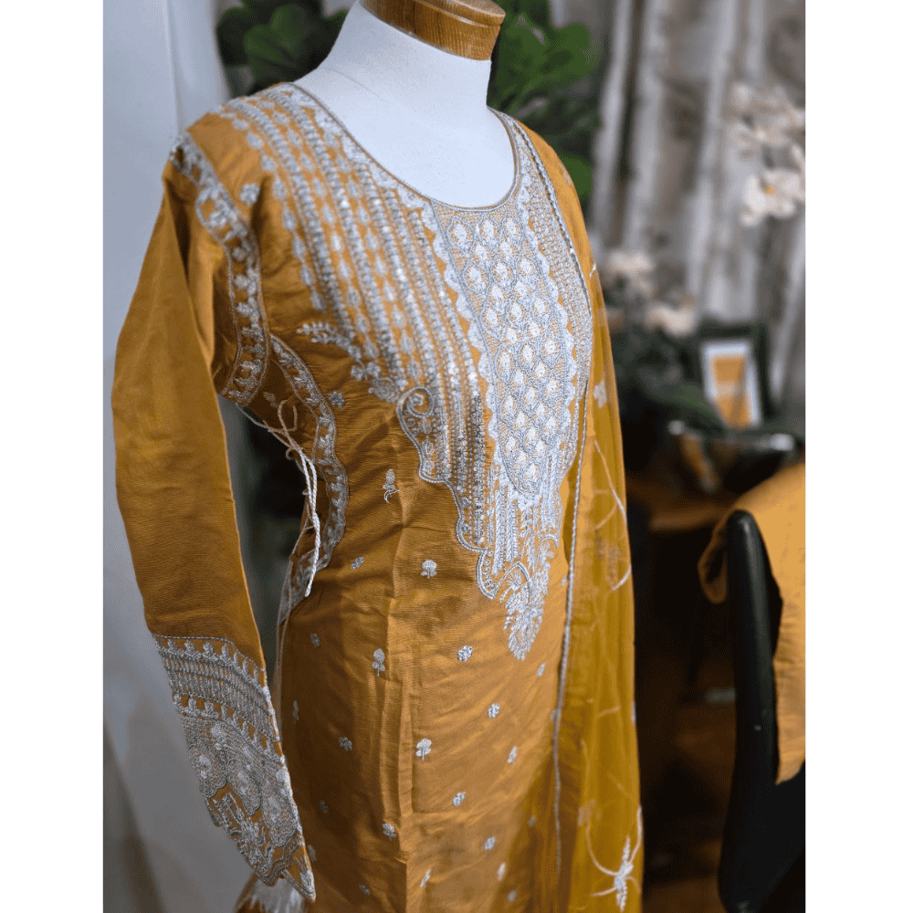 Ochre Pakistani Salwar Suit – Cotton with Silver Embroidery & Net Dupatta