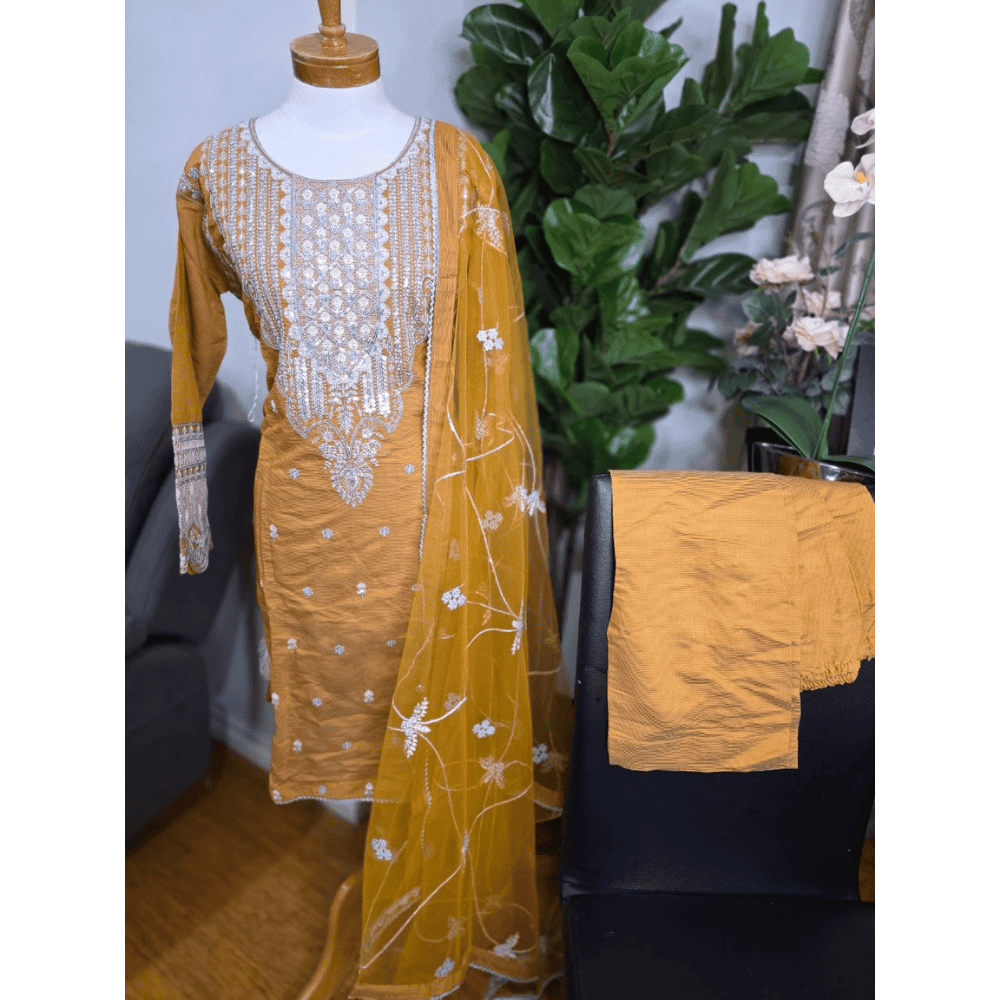 Ochre Pakistani Salwar Suit – Cotton with Silver Embroidery & Net Dupatta