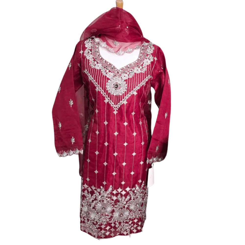 Maroon Pakistani Salwar Suit – Organza with Silver Embroidery