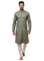 Green Linen Cotton Men’s Kurta with Printed Design 1