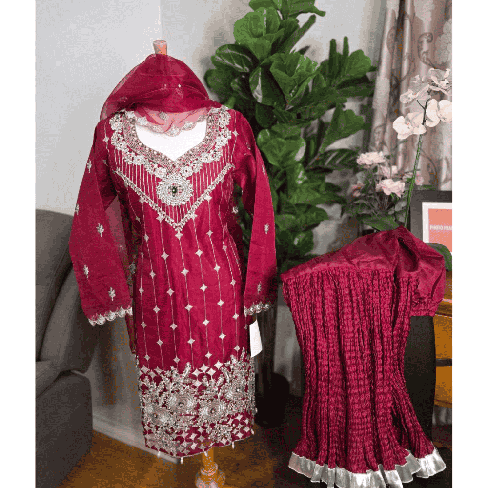 Maroon Pakistani Salwar Suit – Organza with Silver Embroidery