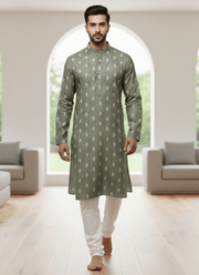 Green Linen Cotton Men’s Kurta with Printed Design 2