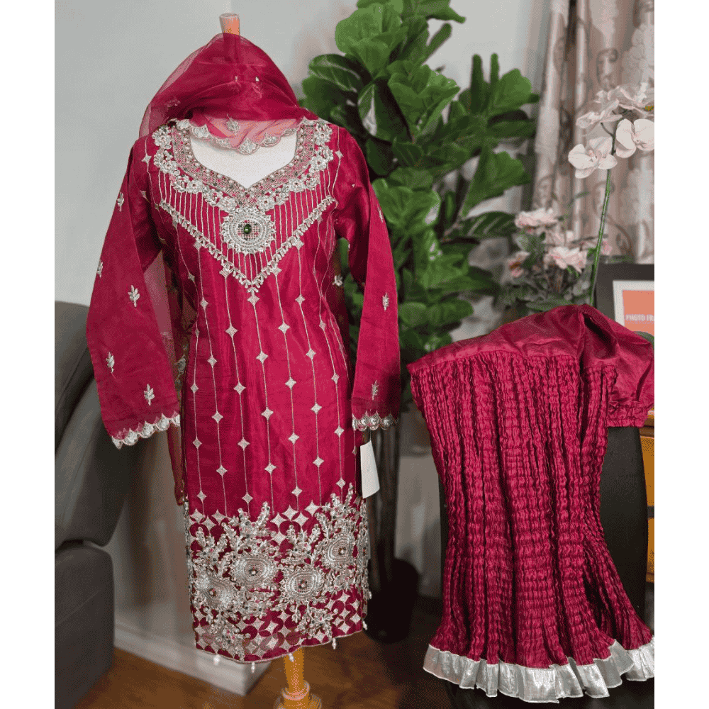 Maroon Pakistani Salwar Suit – Organza with Silver Embroidery