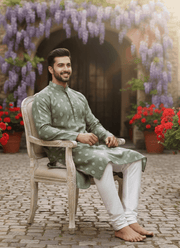 Green Linen Cotton Men’s Kurta with Printed Design 4